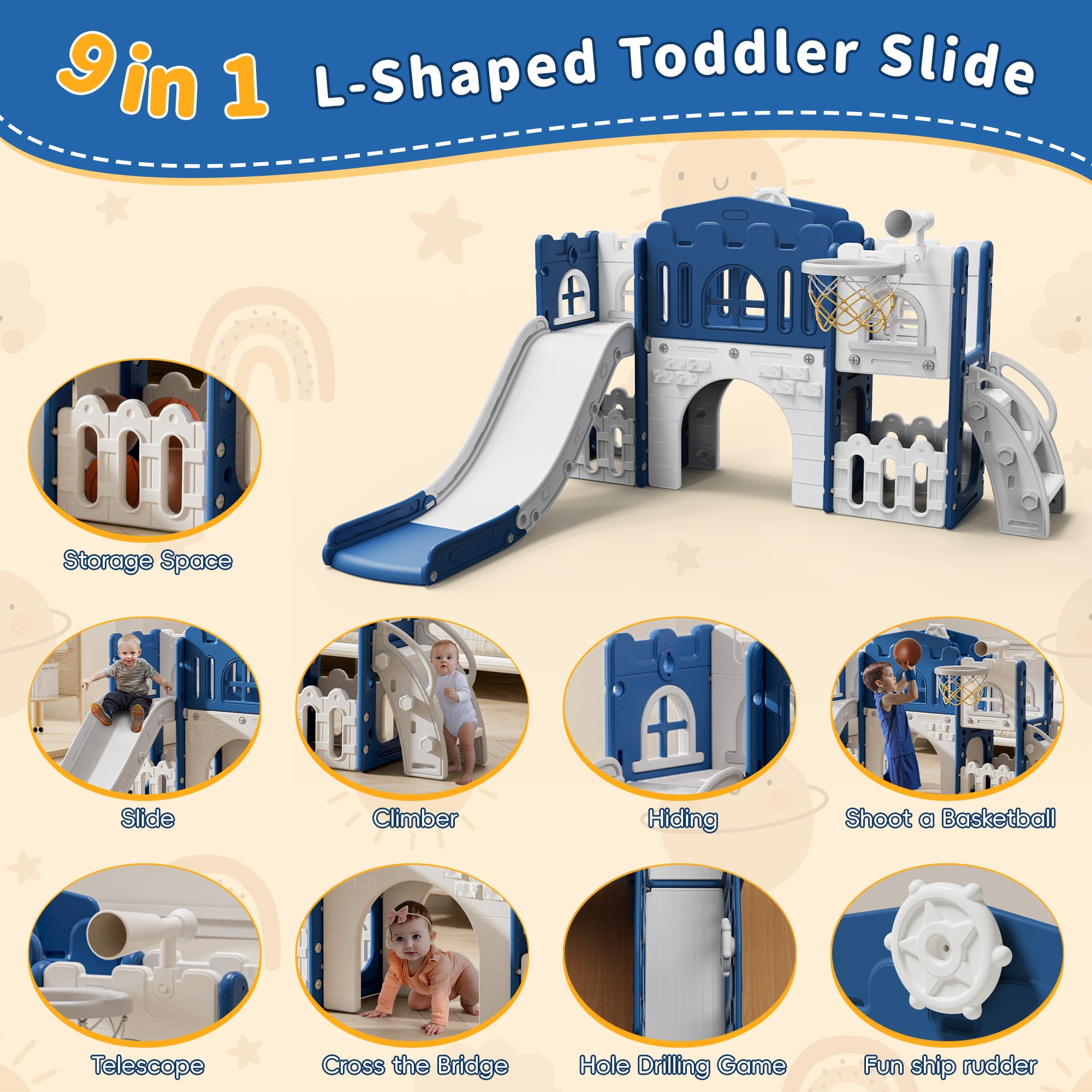 WFUN 9 in 1 Toddler Slide PlaySet for kids indoor/outdoor for Toddlers Age 1+, Blue & Gray