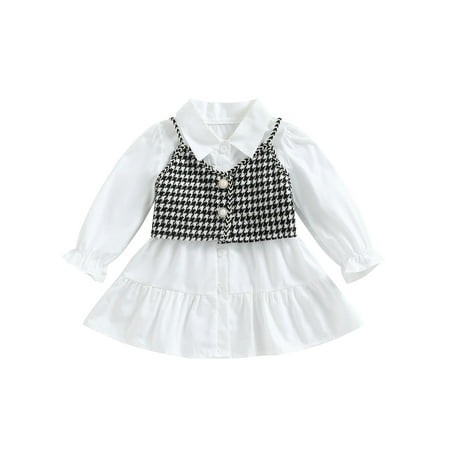 

1-6Y Kids Girls Summer Clothes Set Baby Long Sleeve Lapel Button Shirt Dress Houndstooth Cami Tops Children Outfits