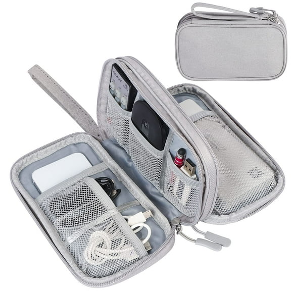 Travel Electronic Cable Organizer Bag, Pouch Electronic Accessories Carry Case Portable Waterproof Double Layers Storage Bag for Cable, Cord, Charger, Phone, Earphone, Larger Size, Grey