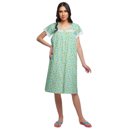 Moomaya Printed Cotton Lace Border Sleepwear Women Short Sleeve Nightdress