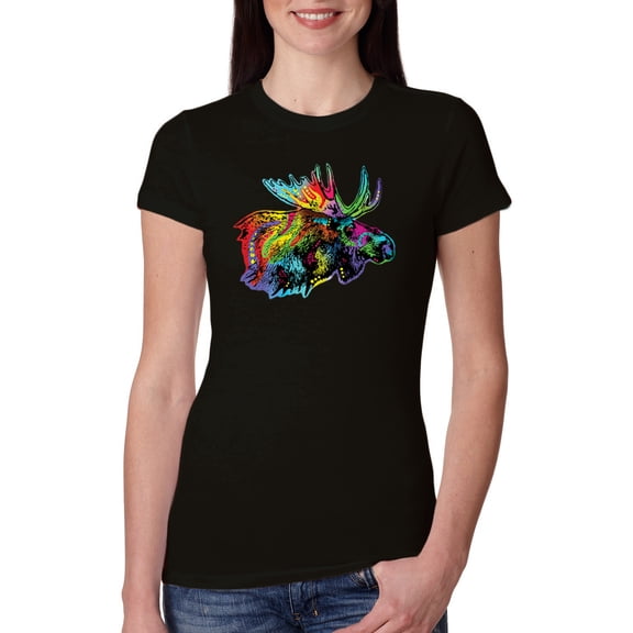 Colorful Rainbow Moose Head Wildlife Animal Lover Womens Slim Fit Junior Tee, Black, Small