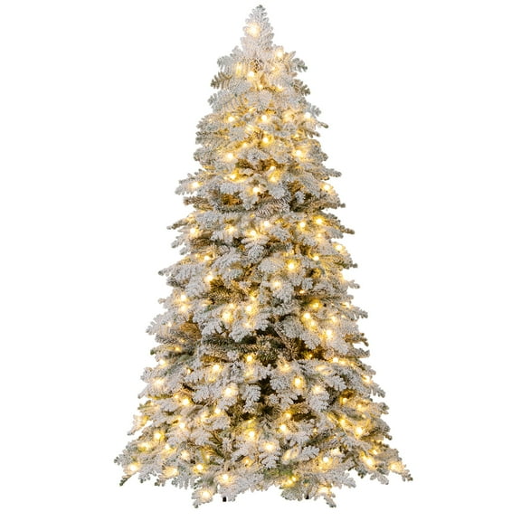 Gymax 6 FT Pre-Lit Artificial Christmas Tree Hinged Snow Flocked Xmas Tree w/ 616 Mixed Branch Tips