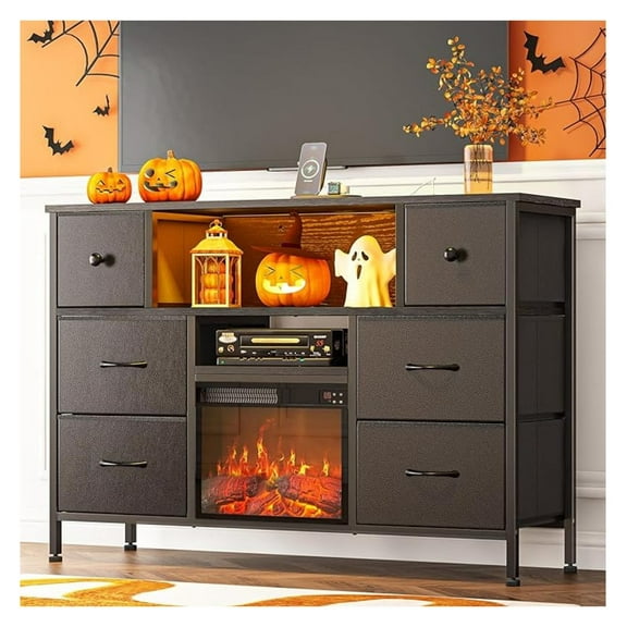 TV Stand with Fireplace, Entertainment Center with Power Outlets and , TV Stand Dresser for 50 inch TV, 6 Drawers with Open Shelves, for Living Room, Black