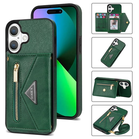 Feishell Fit for iPhone 17 Case with Adjustable Shoulder Strap,Luxury Premium PU Leather Back Magnetic Buckle Flip Card Pocket Zipper Wallet Crossbody Phone Case,Green