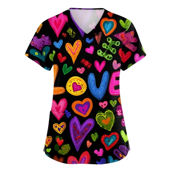 Valentine Scrub Tops Plus Size Short Sleeve V-Neck Fun Print Scrub Top Holiday Medical Nursing Uniforms with Pockets 2025 Multicolor 4XL