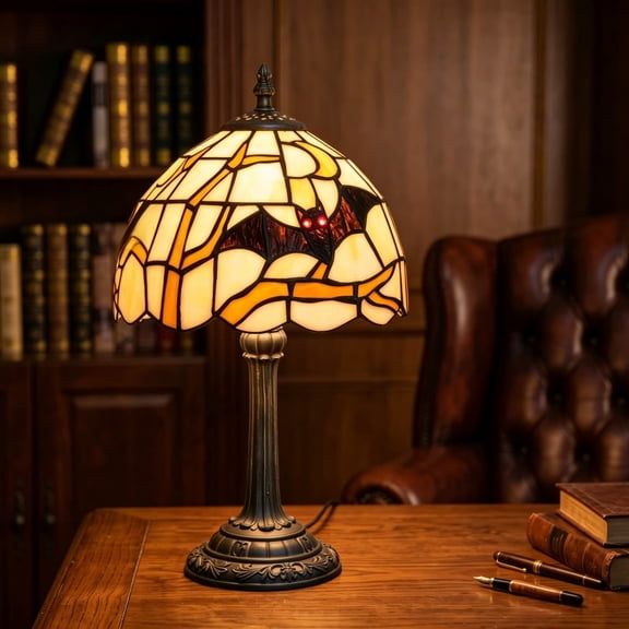 Halloween Decorations Table Lamp, Vintage Style Bedside Lamp with Stained Glass Shade, for Bedroom Living Room Office, 12Inch