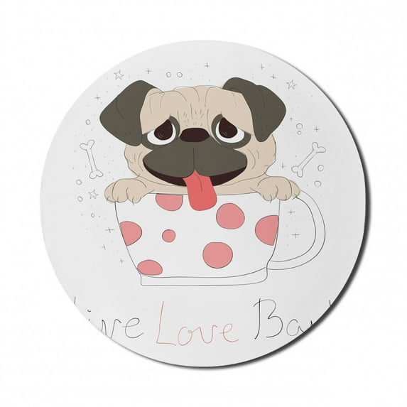 Pug Mouse Pad for Computers, Live Love Bark Words with a Puppy in a Tea Cup Happiness Funny Image, Round Non-Slip Thick Rubber Modern Gaming Mousepad, 8" Round, Pink Black Pale Pink, by Ambesonne