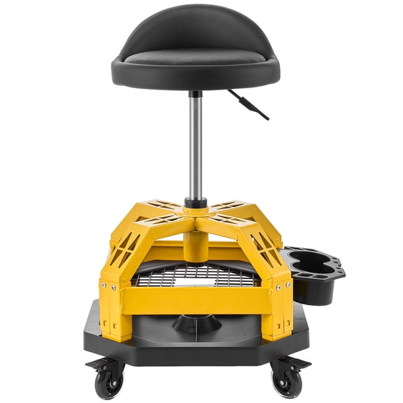 KFFKFF Adjustable Rolling Shop Stool with Wheels, 19.7"-25.6" Height Range, 360° Swivel, 330 lbs Load Capacity, Mechanic Stool with Backrest, Tool Tray, Padded Seat, Black/Yellow