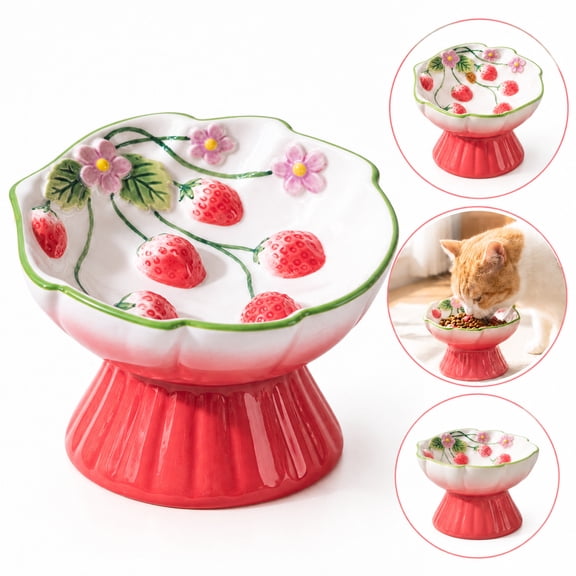 Ceramic Strawberry Slow Feeder Cat Bowl, Elevated Pet Dish for Cats Small Dogs