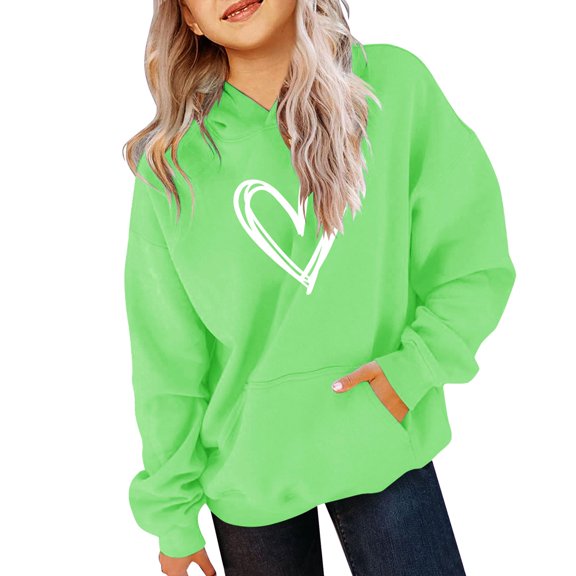 KAUOD Oversized Heart Print Hoodies for Girls Cotton Soft Cute Pullover Hoodie Sweatshirts with Pockets Kids Clothes