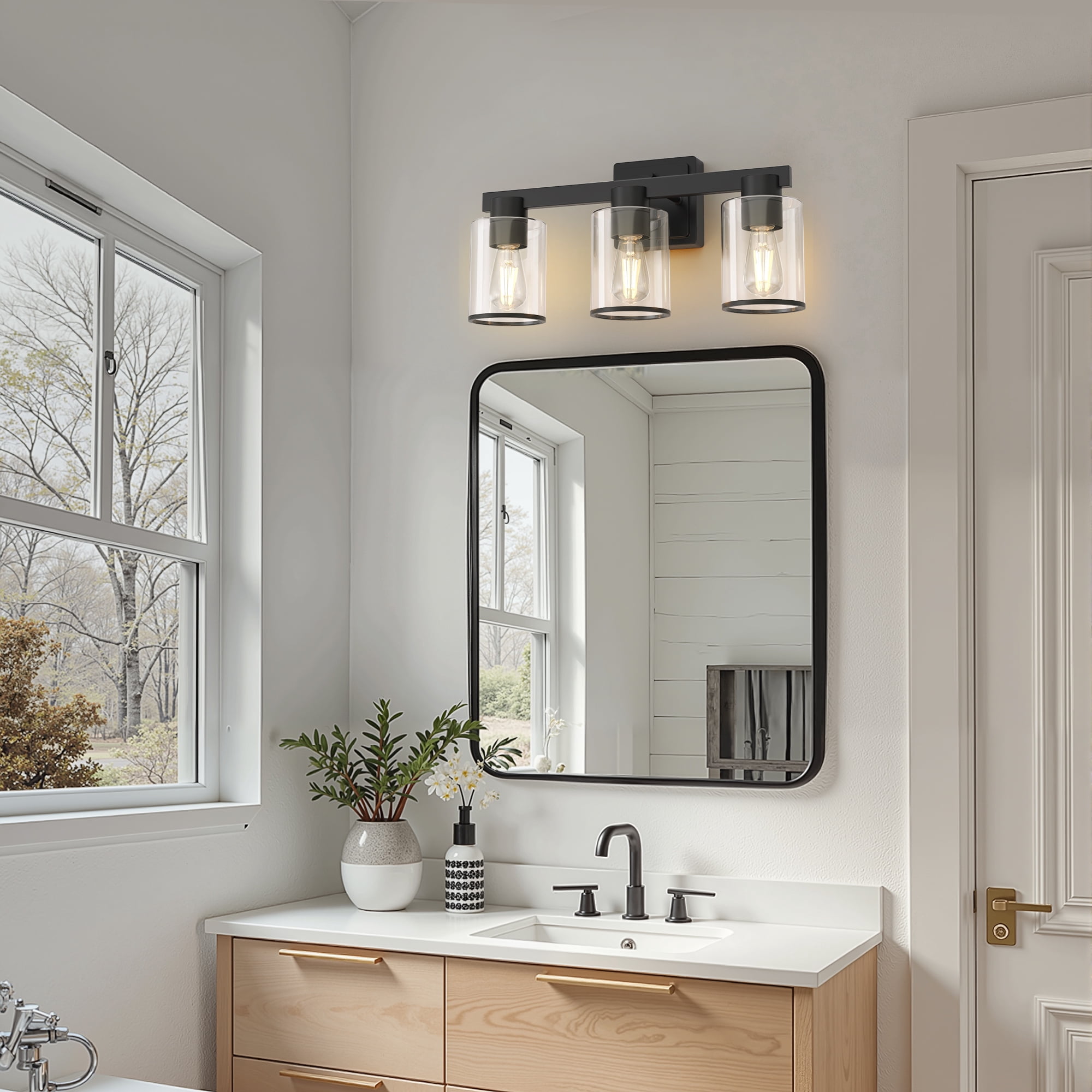 YANSUN 17.7in 3-Light Industrial Vanity Light with Clear Glass Shades, Black Bathroom Wall Sconce for Mirror, Bedroom & Living Room