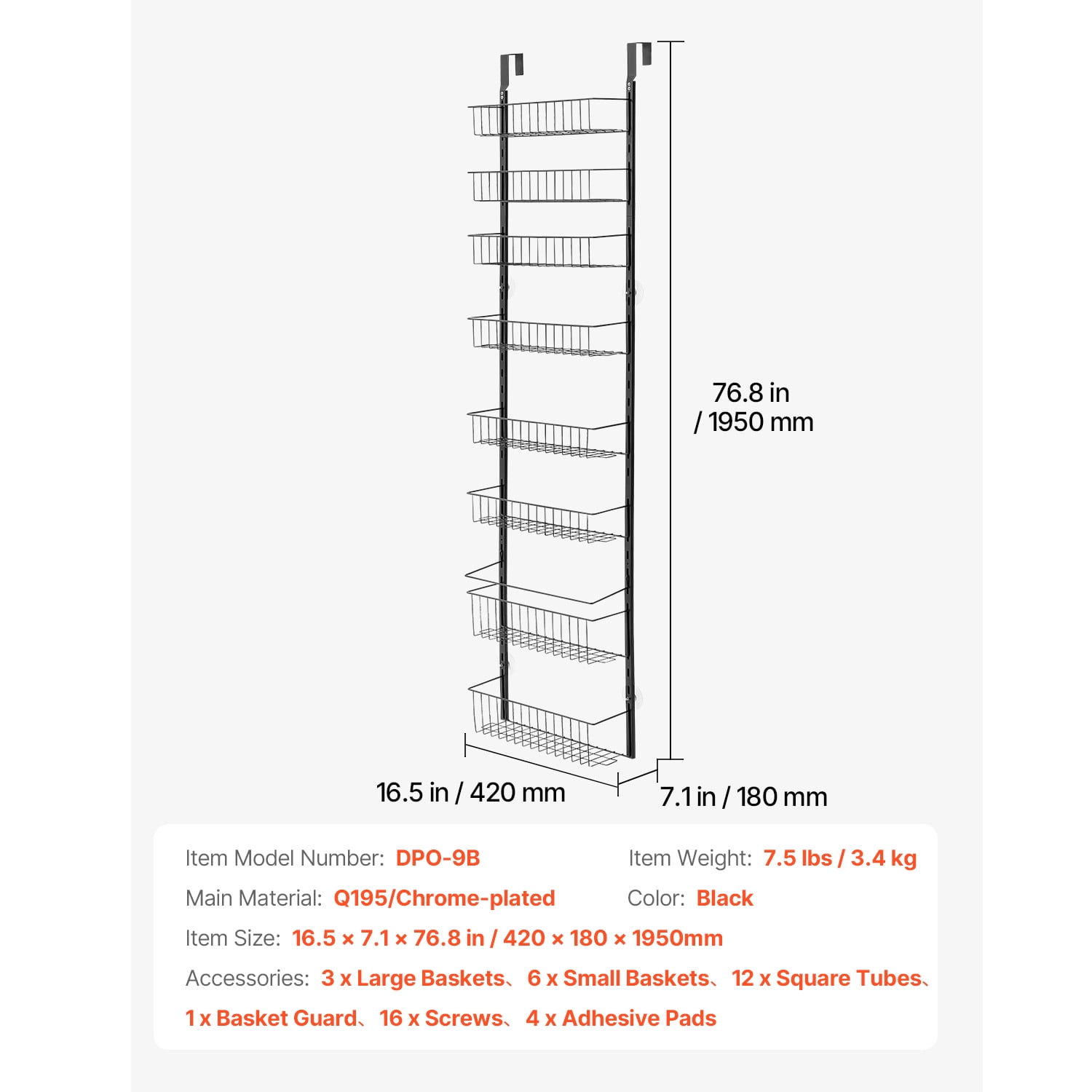 KFFKFF Door-Mounted Pantry Organizer, 9-Level Storage Solution, Robust Steel Constructed Spice Holder, Wall-Mounted Adjustable Seasoning Racks, Suitable for Kitchen, Laundry Area, Bathroom, Black