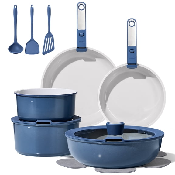 CAROTE 17 Pcs Ceramic Nonstick Cookware Set, Non Stick Pots and Pans with Detachable Handles, Oven Safe, Induction Cookware, Stackable Kitchen Set, Blue
