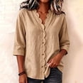 thumbnail image 2 of longantii Women's Linen Shirts Boho 3/4 Sleeve Scalloped V Neck Tops Breathable Solid Color Pullover Button Up Outdoor Daily Wear for Spring Fall Brown M, 2 of 6