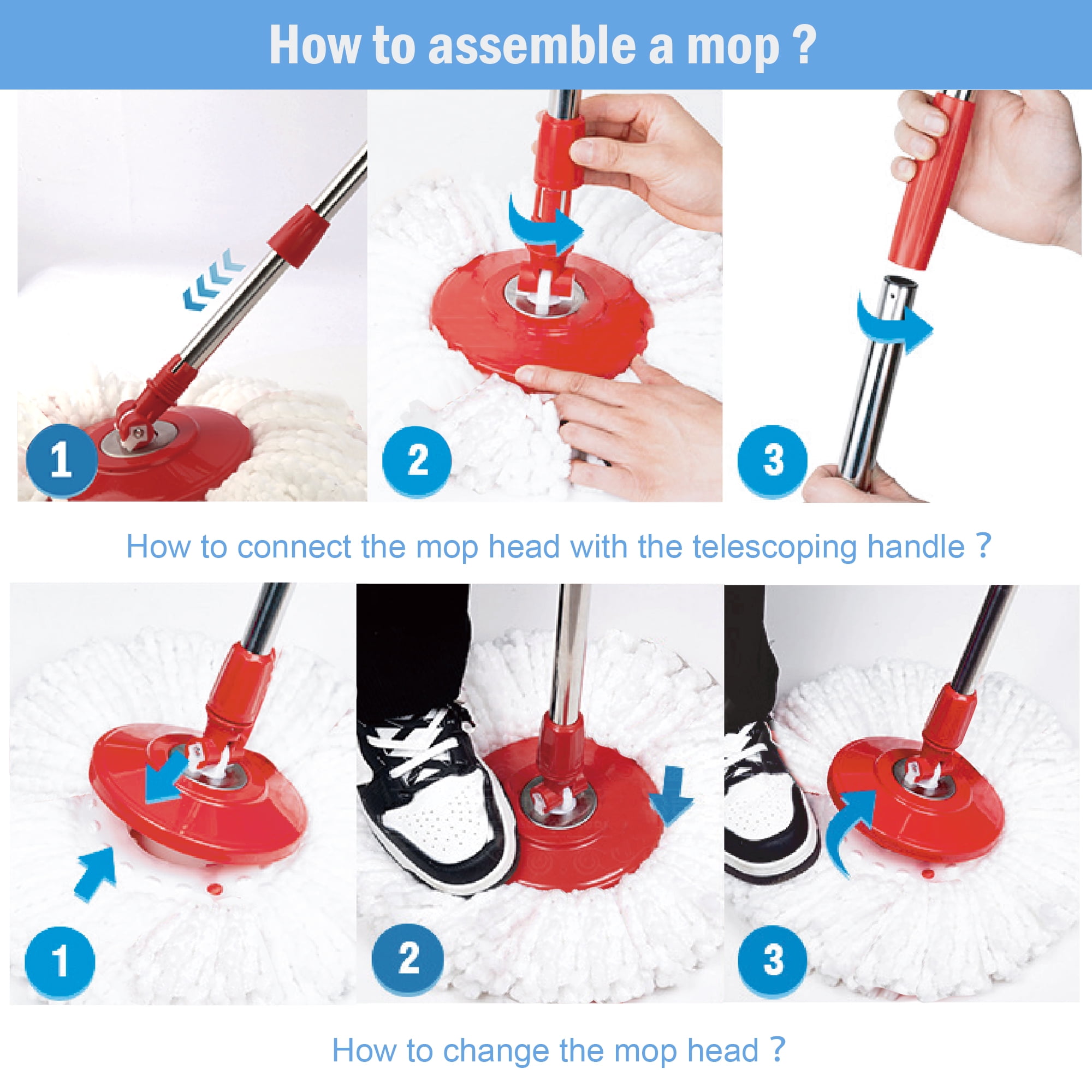 SUGARDAY Spin Mop and Bucket System with Wringer Set for Floors with 3 Microfiber Mop Heads, Red