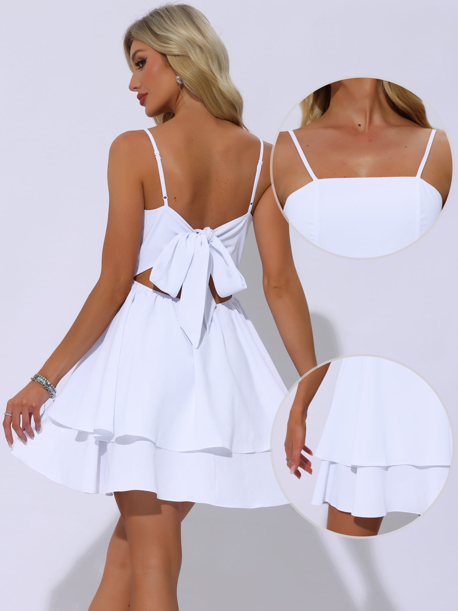 DARING DIVA Women's Backless Bow Tiered Ruffle A-Line Dress XL White