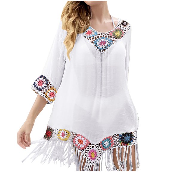 Dvprdro Women Sundress Summer Fashion Solid Crew Neck Short Sleeve Crocheted Trim Smock Casual Loose Boho Beach Sun Mini Dress