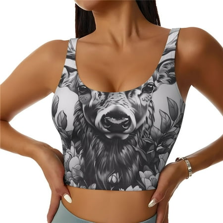 Qokaie Monochrome Deer Floral Pattern Womens Scoop Neck Sports Bra Breathable Workout Vest Padded U Back Medium Impact Fitness Gym Yoga Bra Workout Crop Top-Medium
