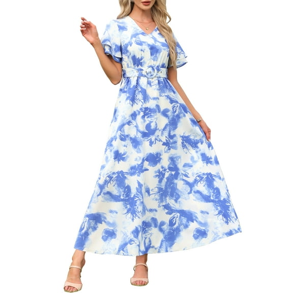 INSPIRE CHIC Summer Floral Maxi Dresses for Women's Short Sleeve Belted Flowy Beach Vacation Long Dress XS Blue