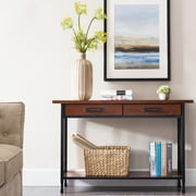 طاولة وحدة تحكم Leick Home Ironcraft ذات درجين بلمسة نهائية من خشب البلوط