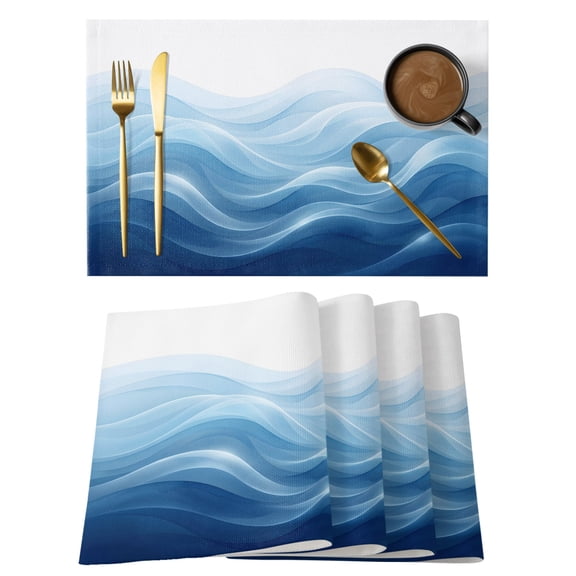 Navy Blue Ombre Placemats Set of 4 Summer Beach Ocean Waves Coastal Place Mats Indoor Wipeable Table Mats Washable Cloth Dining Table Placemats for Kitchen Holiday Party Home Decor 13x19 Inch