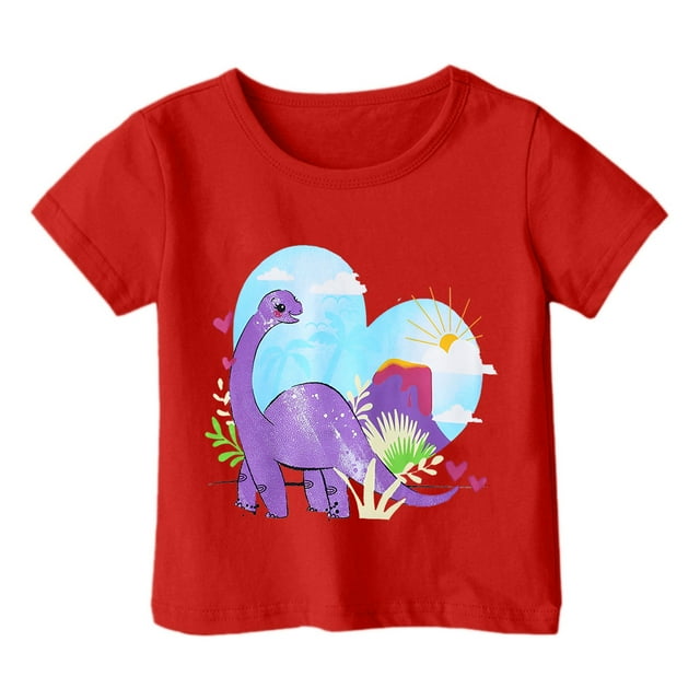 LUOGENLI T-Shirt pour Filles Garçon et Fille Mode Décontractée Imprimé Col Rond Ample Manche Courte T-Shirt Haut Maxi Chemises pour Filles 2025 Vacances Rouge 4-5 Ans
