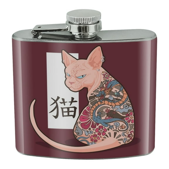 Grumpy Sphynx Cat Neko With Dragon Tattoo Stainless Steel 5oz Hip Drink Kidney Flask