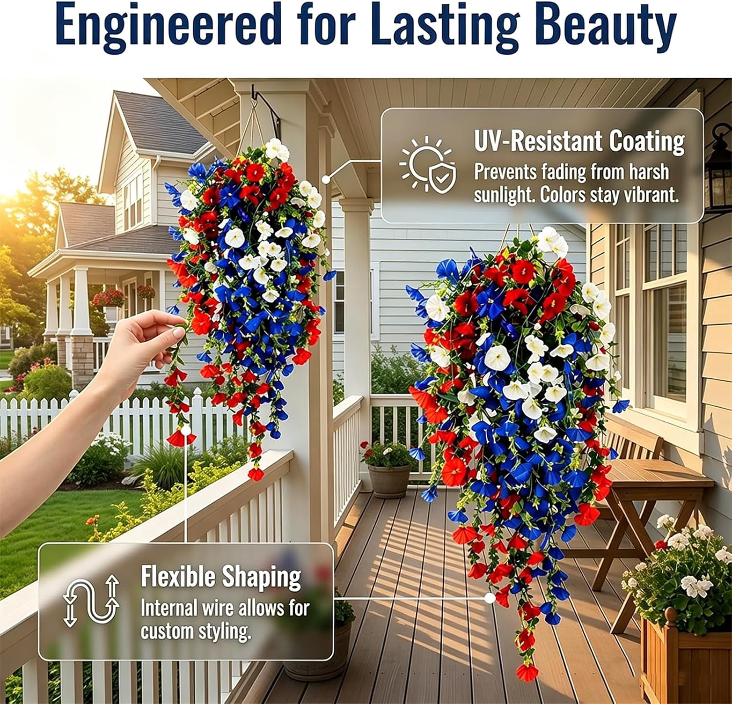 4th of July Decoration Tricolor Patriotic Artificial Flower, Fake Flowers Vine Decor for Patriotic Porch Outdoor