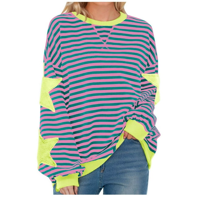 Swstbby Liquidation d'Économies d'Automne! Hauts d'Automne pour Femmes Grande Taille, Blouse Mode pour Femme à Col Rond à Rayures Imprimées Ample à Manches Longues Blouses Chandails Violet TG