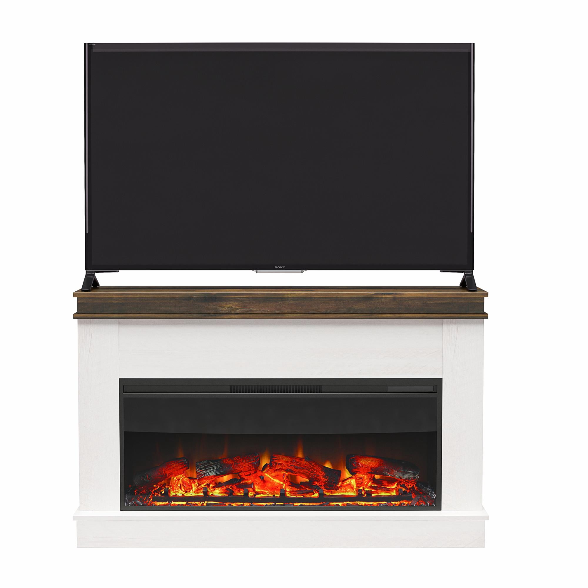 Mateo Wide Mantel with Linear Electric Fireplace and Remote for TVs up to 65", Ivory Oak/Rustic