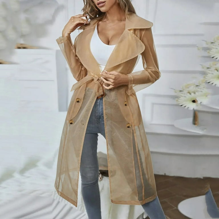 plus Size Winter Vests Womens Daily Sun Protection Clothing Every Wearing Sheer Mesh Long Sleeve Buttoned Coat With Belt Trench Coats for Women