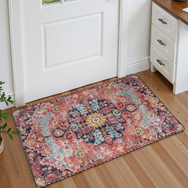 Lahome Decor 2'x3' Vintage Oriental Medallion Pattern Area Rug,Ultra-Thin Washable Vintage Area Rug,Non-Slip Rugs for Bathroom,Entryway,Oriental Medallion Bedroom Mat,Rose