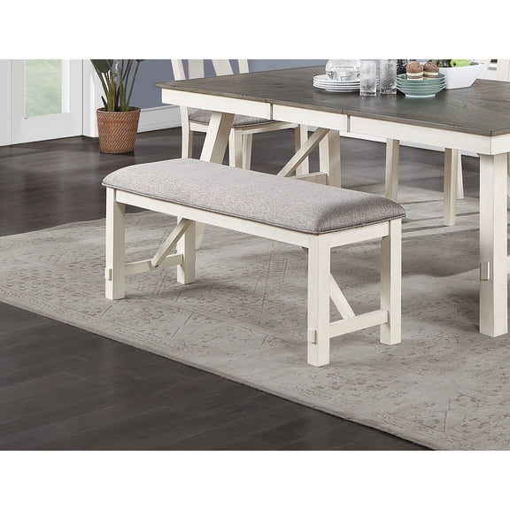 Dining Bench In Gray And White, Cushioned Seat, Bench, White Wood,