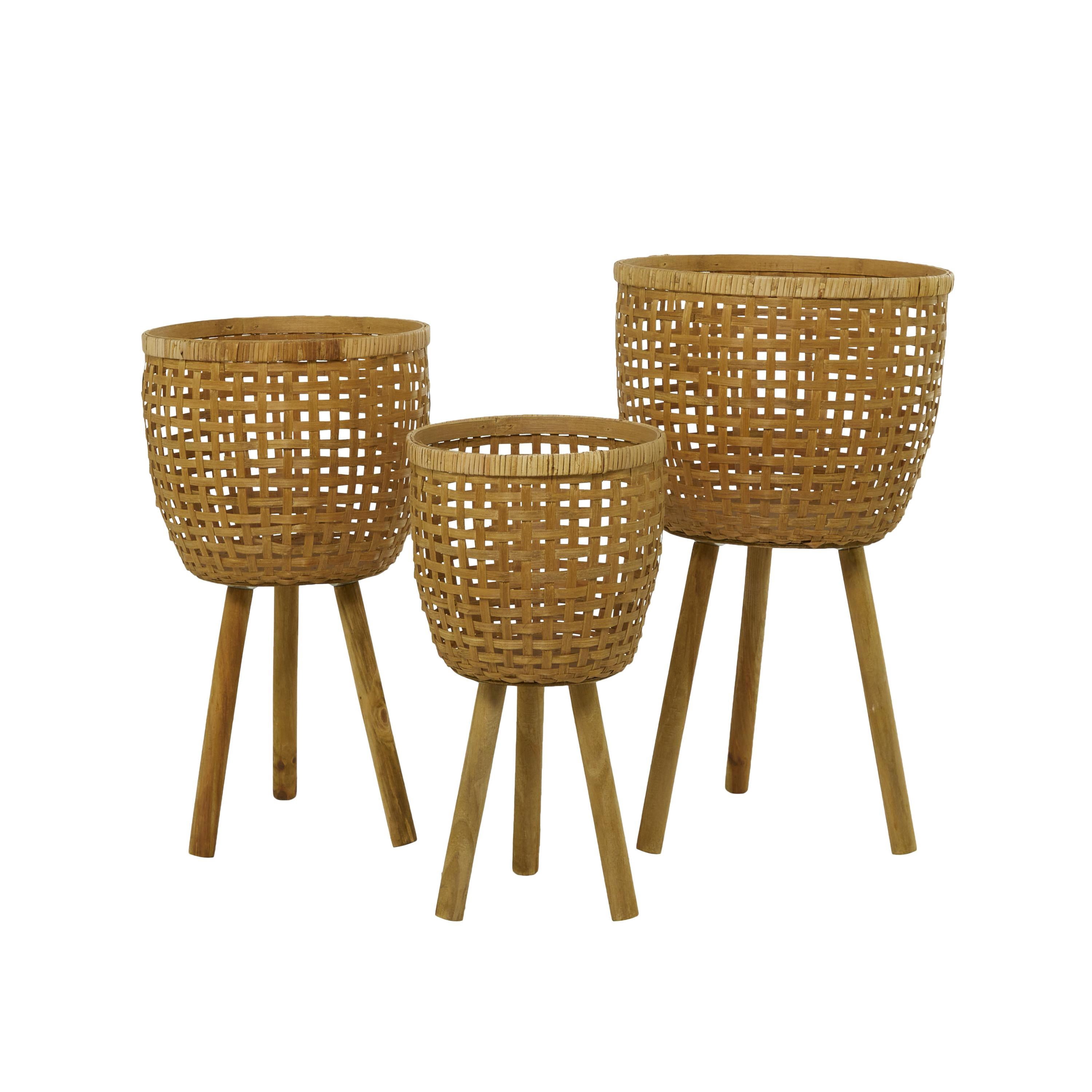 DecMode 26", 23", 20"H Handmade Woven Basket Brown Bamboo Wood Planter with Wooden Tripod Legs (3 Count)
