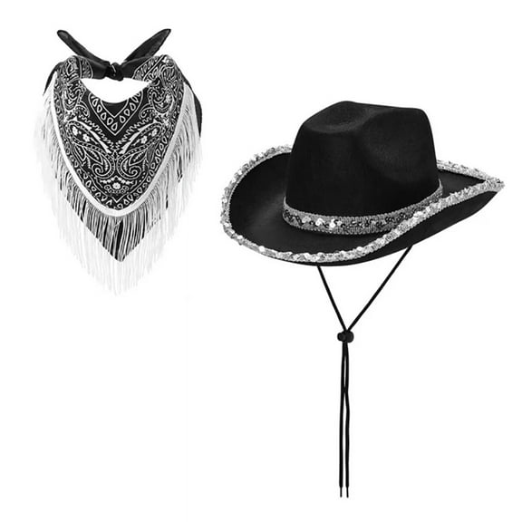MOMOJIA Blingbling Cowgirl Hat and Scarf Sequined Brim Hat and Tasseled Scarf