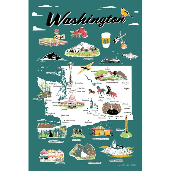 Vestiges Washington State Icons Souvenir Tea Towel 21.5" x 32" Eco-Friendly