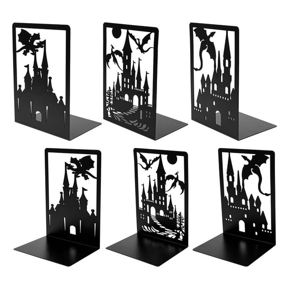 6Pcs Metal Bookends for Shelves, 4.72*3.54*6.77in Rustproof Dragon Castle Book Ends Non Skid Book Holders for Home School Office