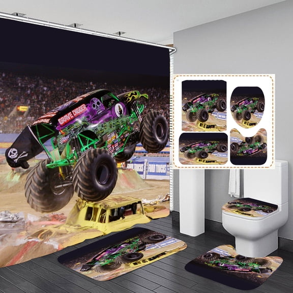 Monster Truck Jam Shower Curtain Bathroom 4 Pieces Set Toilet Lid Cover and Bath Mat, Non-Slip Rugs Durable and Waterproof, for Bathroom Decor Set, 72" x 72"