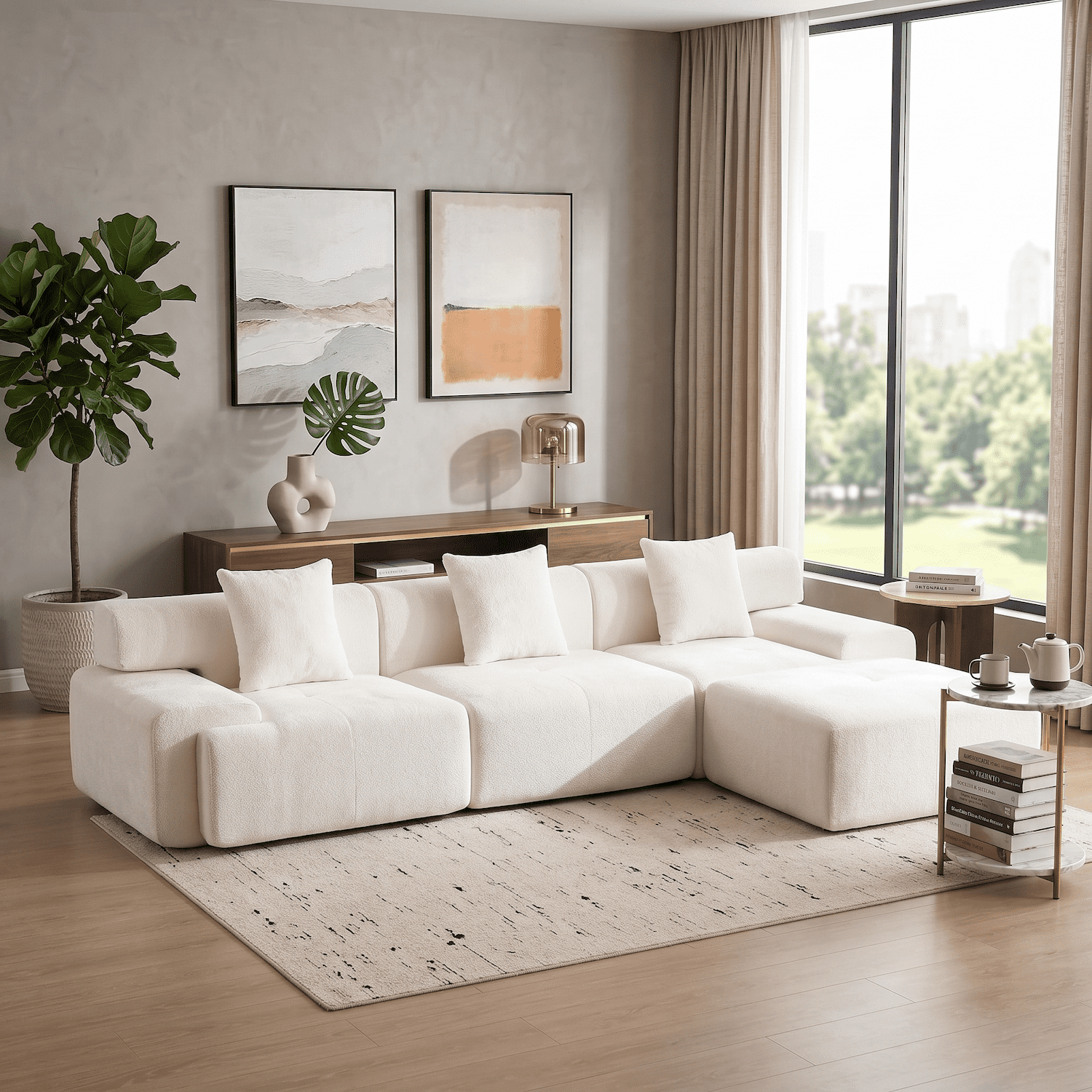 Xiweot Boneless Cloud Couch Sectional Sofa, Oversized Modular Sectional Couch for Living Room, Deep Seat Chenille Sofa with Ottoman, No Assembly Full Foam Comfy Couch for Apartment Bedroom (Beige)