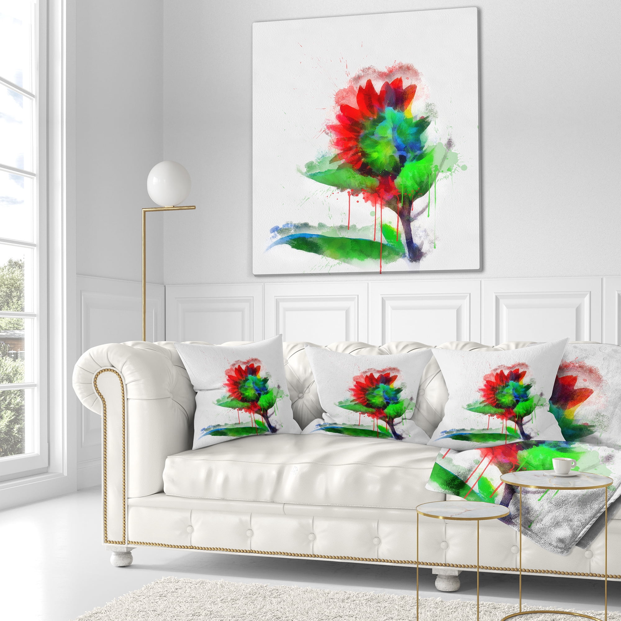 Designart Colorful Flower Stem with Splashes - Floral Throw Pillow - 18x18