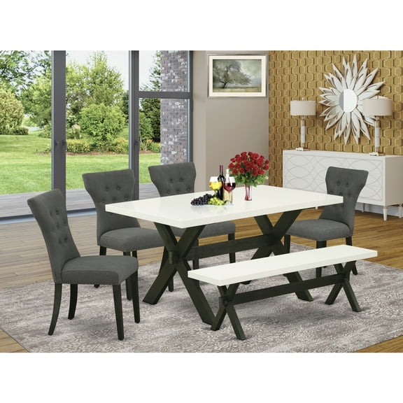 Coastal Dining Set - 6 Piece TableChair Set - Linen FabricTufted Back - Kitchen Table with Bench