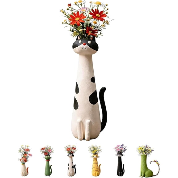 Ceramic Cat Vase Handcrafted, Whimsical Kitty Planter for Small Flowers, Boho Desk Shelf Decor, Unique Gift for Cat Lovers(white)Q