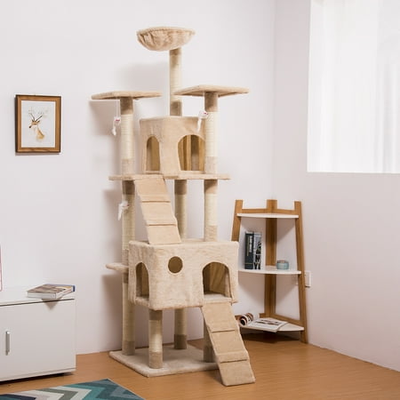 LANGRIA 68-Inch Beige Cat Tree with Hammock Multi Level Tall Tower with 10 Scratching Posts 2 Condos and Tangling Interactive Cat Toys for Play Time Sleeping