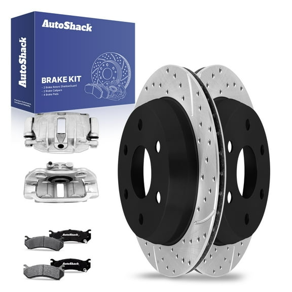 AutoShack Rear Drilled & Slotted Brake Rotors Ceramic Brake Pads Calipers | Replacement for 2006 GMC Sierra 1500 6.0L V8 4WD AWD RWD | E-Coated | 8-PC Brake Kit | ShadowGuard