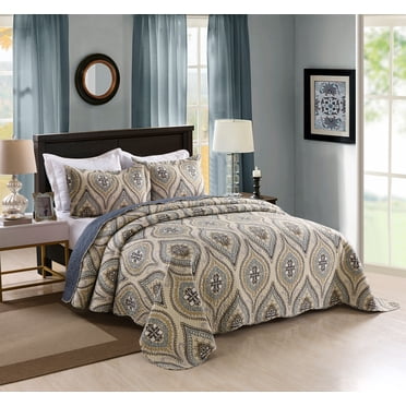 MarCielo 3 Piece Quilted Bedspread Queen, Printed Quilt, Quilt Set Bedding Throw Blanket Coverlet Oversize Lightweight Bedspread Ensemble, Dark Grey Queen Size, Joni