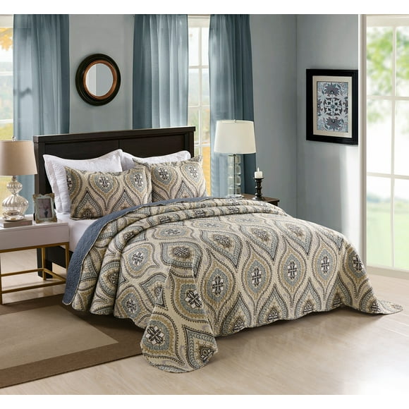 MarCielo 3 Piece Lightweight Quilt King, Printed Quilt, Quilt Set Bedding Throw Blanket Coverlet Lightweight Oversize Bedspread Ensemble, Yellow+Dark Gray, King Size, Joni