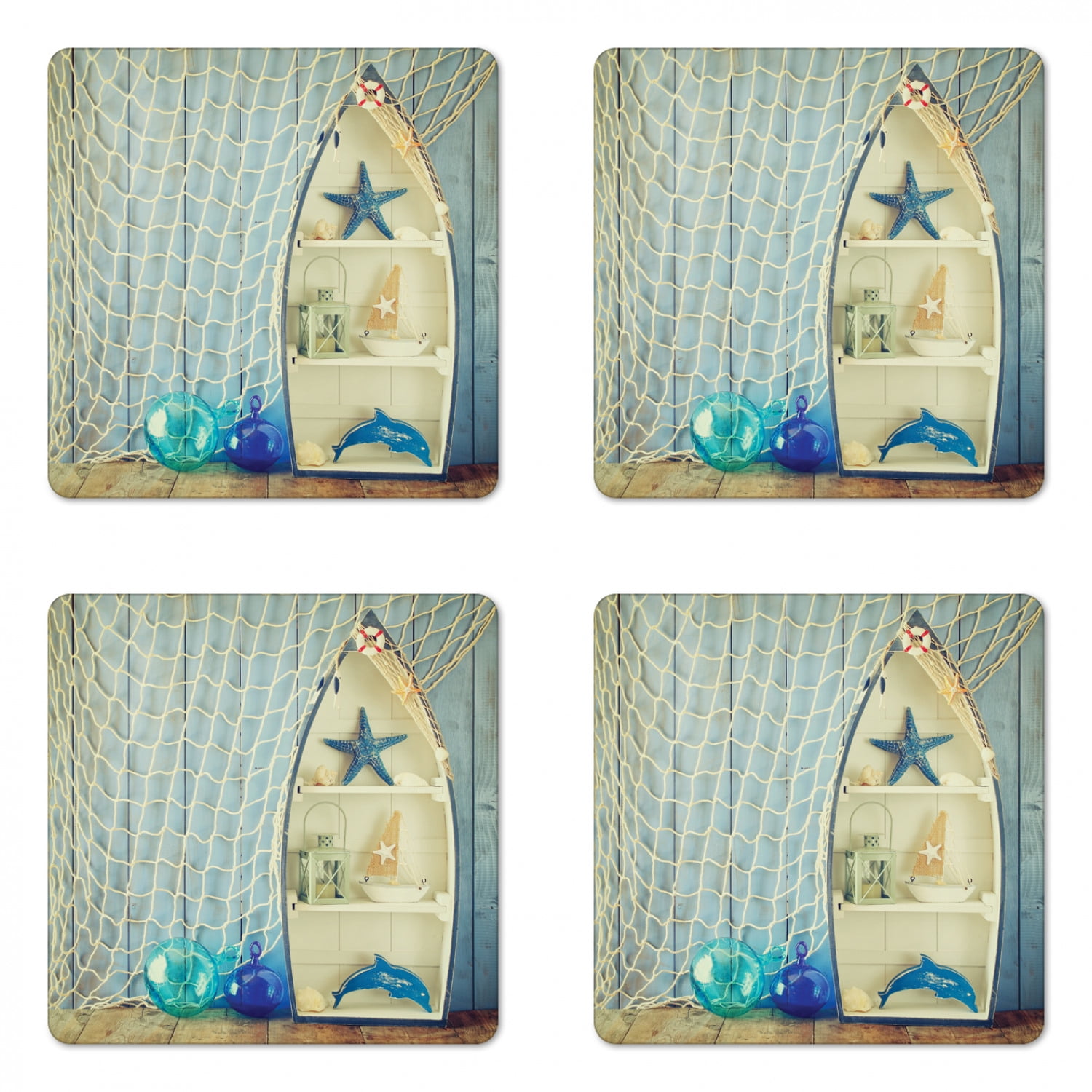 Nautical Coaster Set of 4, Nautical Boat Standing Against the Wall Other Aquatic Objects Sea