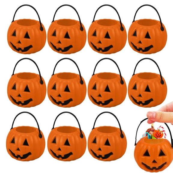 12PCS Mini Halloween Pumpkin Candy Buckets, Portable Pumpkins Palstic Buckets Cauldron for Trick or Treat Party Favors Decor Supplies 2.8in