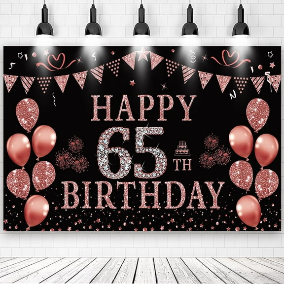 65th Happy Birthday Rose Gold Theme Backdrops Banner Birthday Party Decor Supplies,5.9x3.6ft