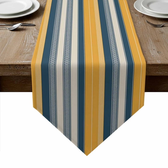 Yellow Navy Blue Table Runner Linen Burlap Table Runner 48 Inches Long Boho Retro Farmhouse Colorful Stripes Dresser Scarves for Kitchen Island Coffee Dining Room Party Holiday Decoration 13"x48"